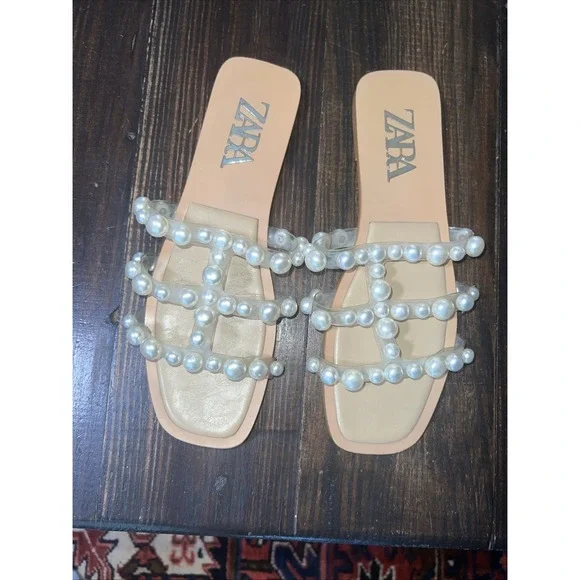 Zara Sandal Clear Plastic Pearl Strappy Size 9.5 - Picture 4 of 5